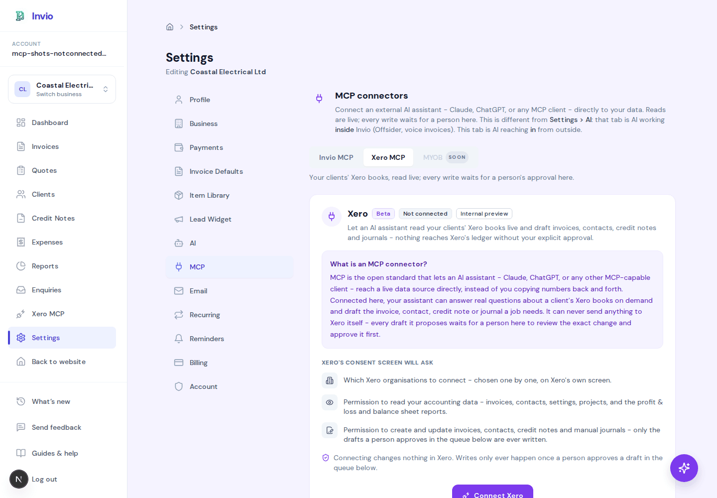 Settings > AI connections > Xero in Invio, before connecting - the tab strip with Invio, Xero and MYOB (marked Soon), and the explanation of what an MCP connector is and does