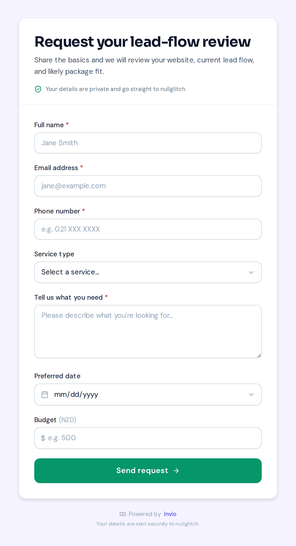Example Invio lead-capture form as seen by a customer